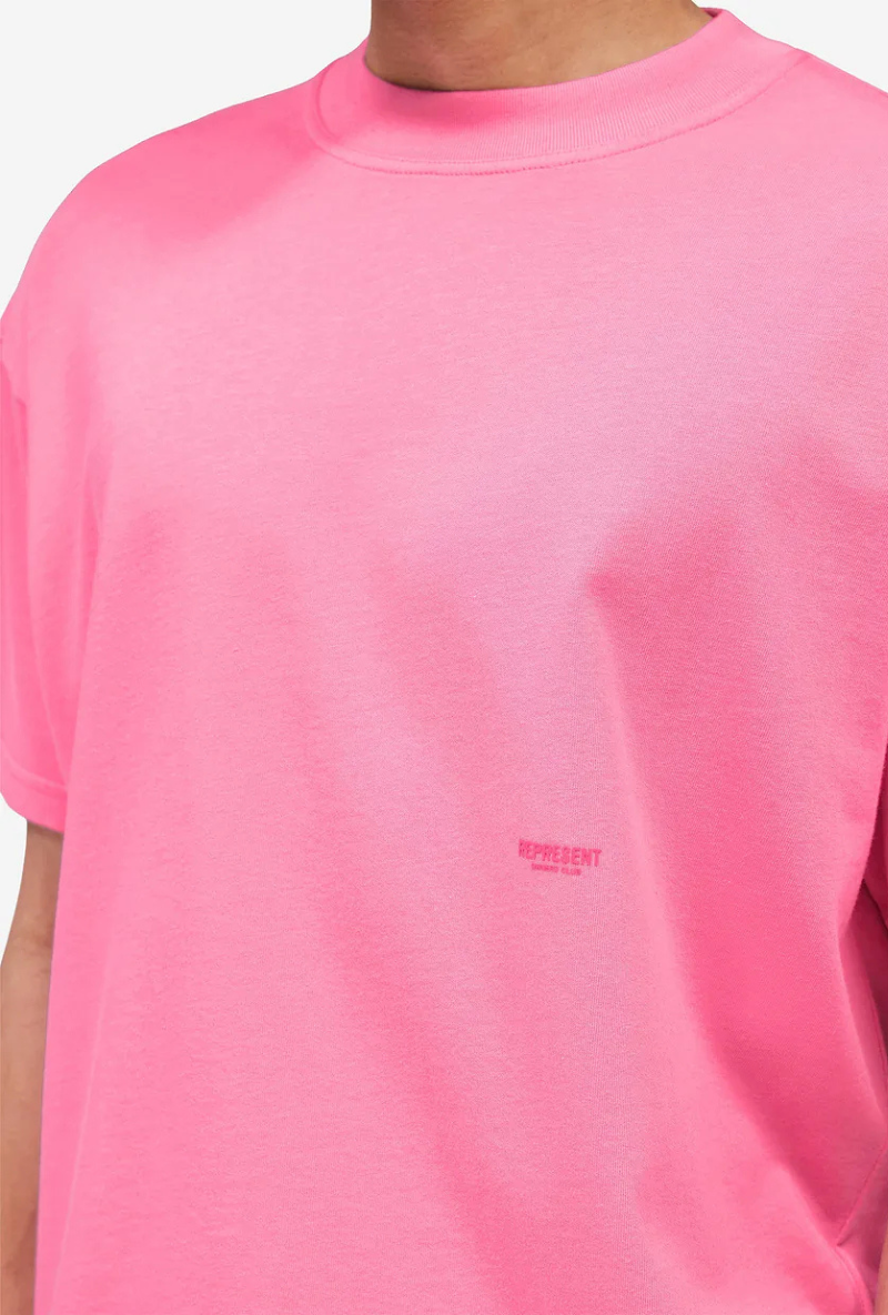 Front image of Micro owners club tshirt in pink, by brand Represent