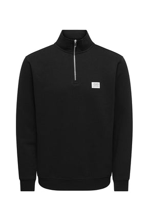 Front image of Dawson half zip sweatshirt in black, by brand Only