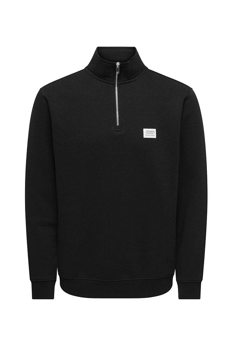 Front image of Dawson half zip sweatshirt in black, by brand Only