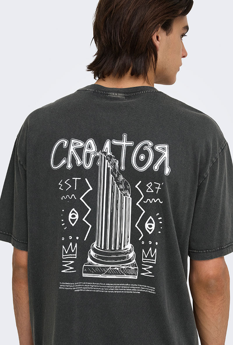 Back image of a model wearing Fred creative washed tee in black, by brand Only and sons