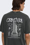 Back image of a model wearing the Fred creative washed tee in black, by brand Only and sons