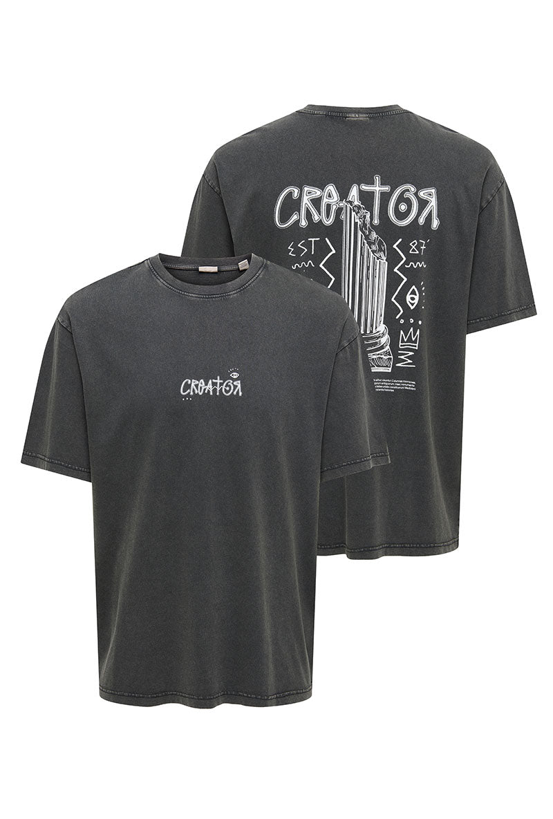 Front and back image of Fred creative washed tee in black, by brand Only and sons