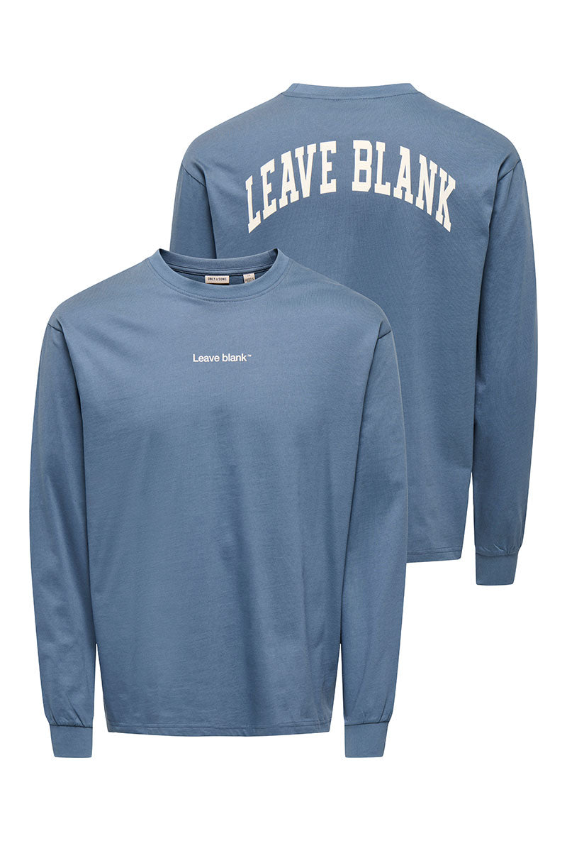 Front and back image of Fred life ls varsity tee in indigo, by brand Only and sons
