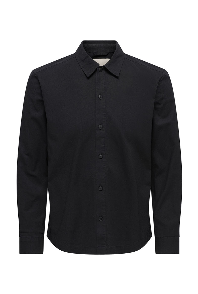 Front image of Reid ls regular shirt in black, by brand Only and sons