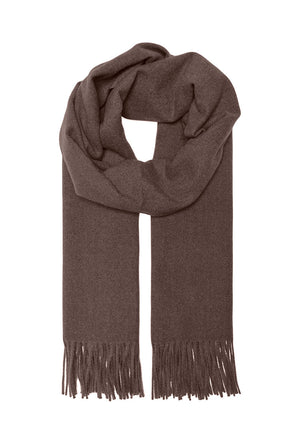Front image of the Astrid soft woven fringe scarf in brown, by brand Only