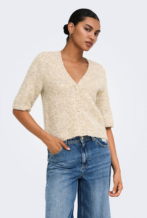 Front image of a model wearing Bouble ss vneck button cardigan in stone, by brand Only
