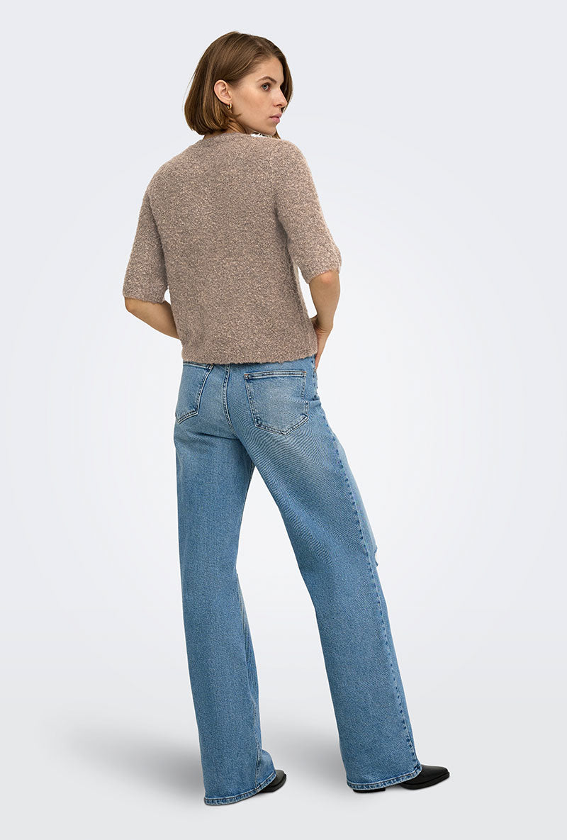Back image of a model wearing Bouble ss vneck button cardigan in brown, by brand Only