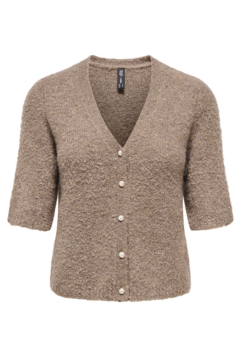 Front image of Bouble ss vneck button cardigan in brown, by brand Only