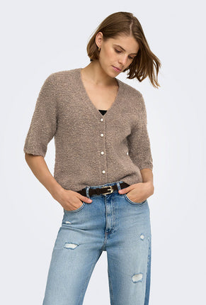 Front image of a model wearing Bouble ss vneck button cardigan in brown, by brand Only