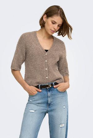Front image of a model wearing the Bouble ss vneck button cardigan in brown, by brand Only