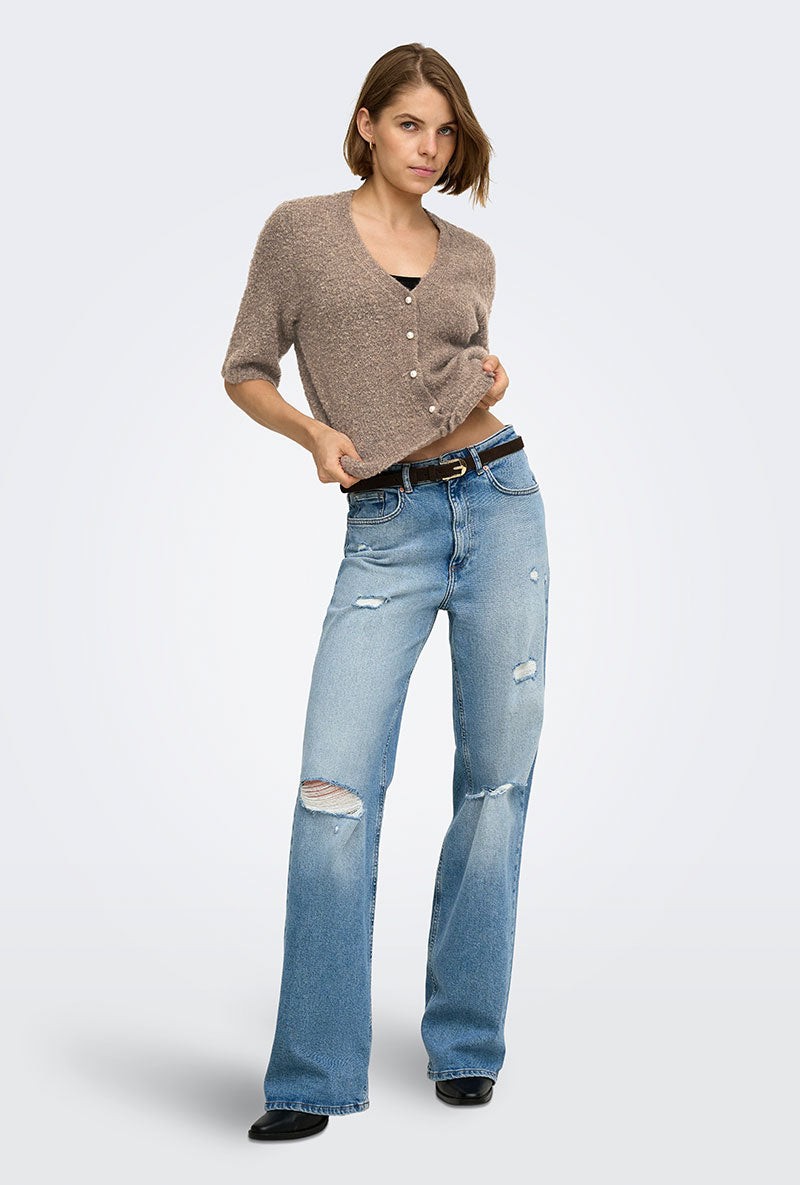 Front image of a model wearing Bouble ss vneck button cardigan in brown, by brand Only