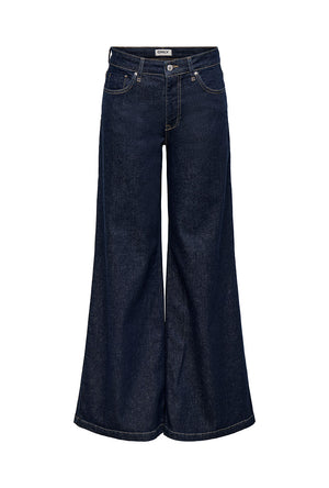 Front image of the California mw wide flair jeans in dark denim, by brand Only