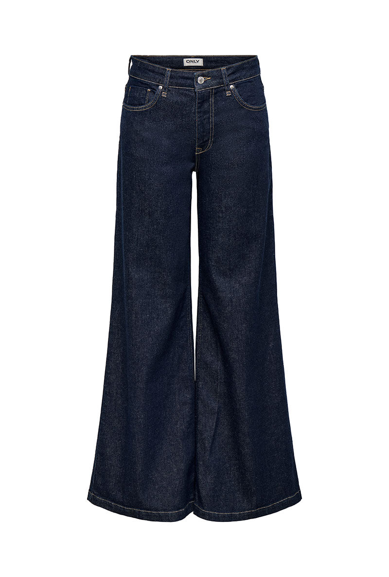 Front image of California mw wide flair jeans in dark denim, by brand Only