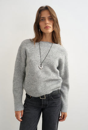 Front image of a model wearing Cally knitted knot jumper in grey, by brand Top shop