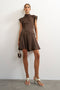 Front image of a model wearing Cilly sation flippy hem mini dress in chocolate, by brand Top shop