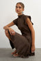 Front image of a model wearing the Cilly sation flippy hem mini dress in chocolate, by brand Top shop