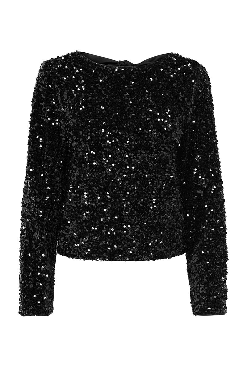 Front image of Confidence ls sequin bow top in black, by brand Only
