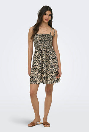 Front image of a model wearing the Emma smock dress in leopard, by brand Only