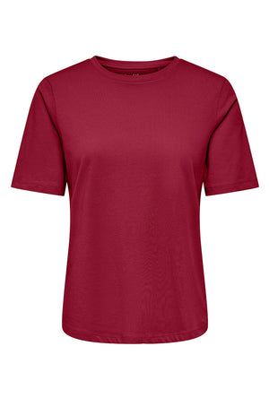 Front image of the Happy ss oneck tee in burgundy, by brand Only