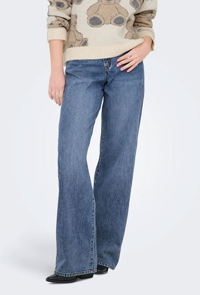 Front image of a model wearing Hope mw wide jeans in denim, by brand Only
