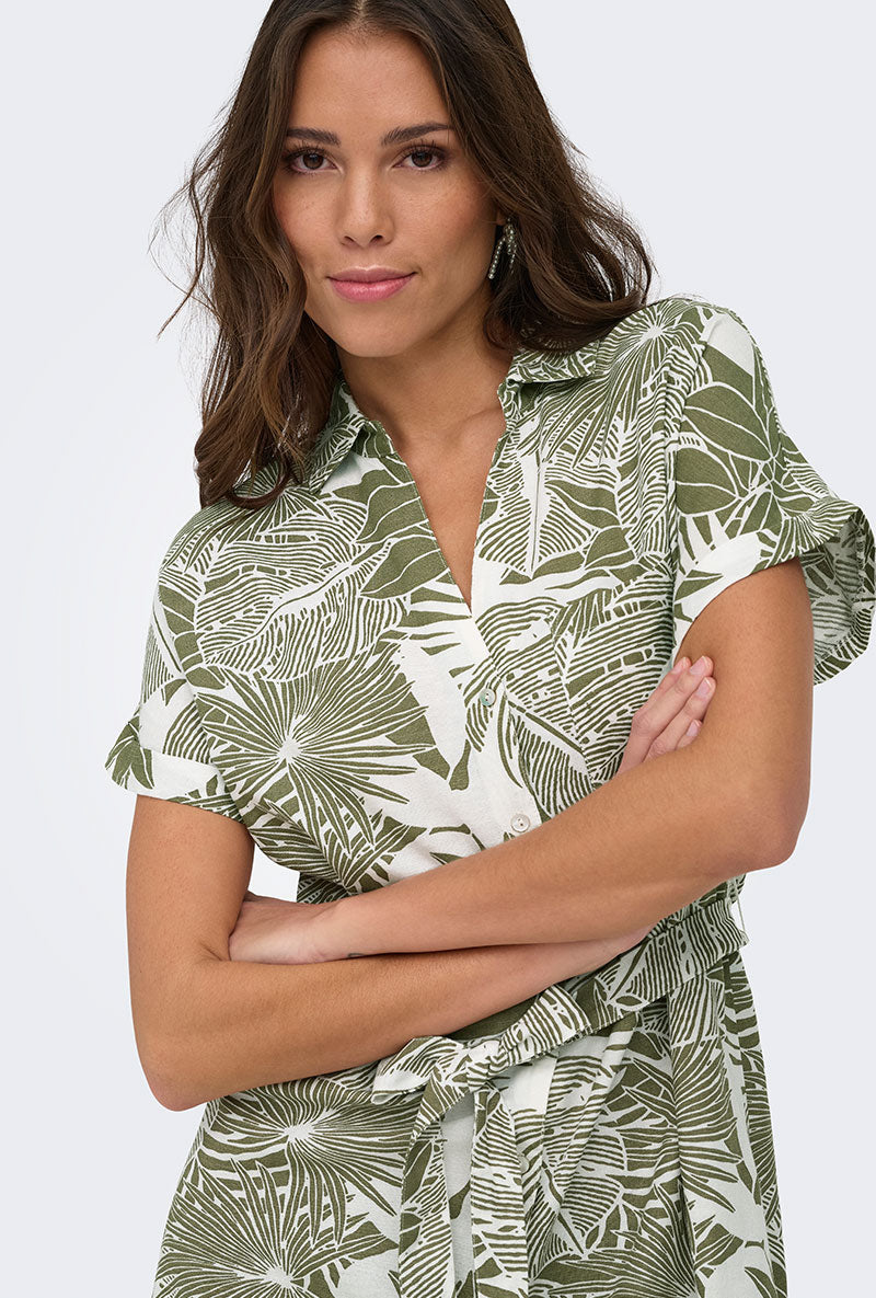 Front image of a model wearing Jakari linen ss shirt dress in green, by brand Only