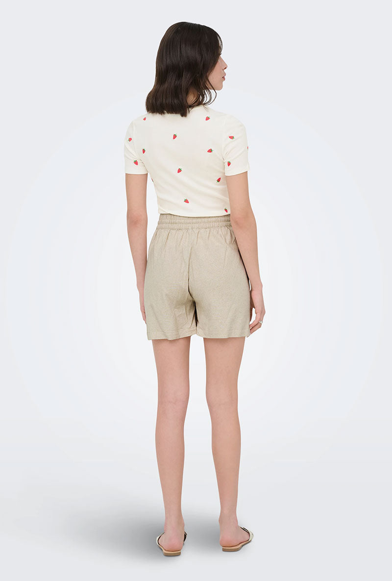 Back image of a model wearing Jdy say hw linen string shorts in oat, by brand Jacqueline de yong