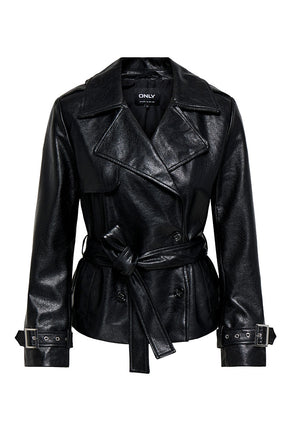 Front image of Julia faux leather belted jacket in black, by brand Only