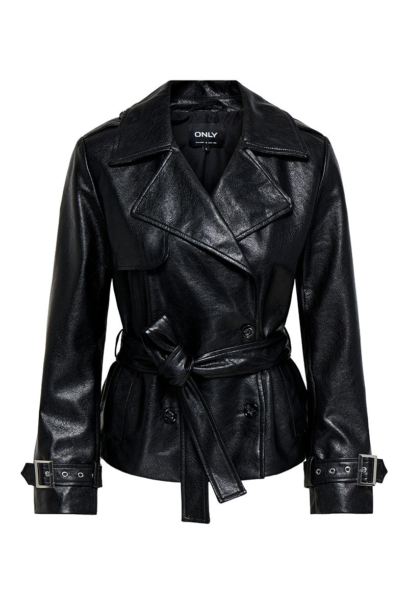 Front image of Julia faux leather belted jacket in black, by brand Only