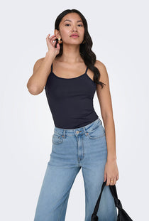 Front image of a model wearing the Lea sl new singlet in navy, by brand Only