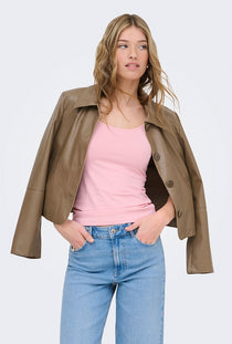 Front image of a model wearing the Lea sl new singlet in pink, by brand Only