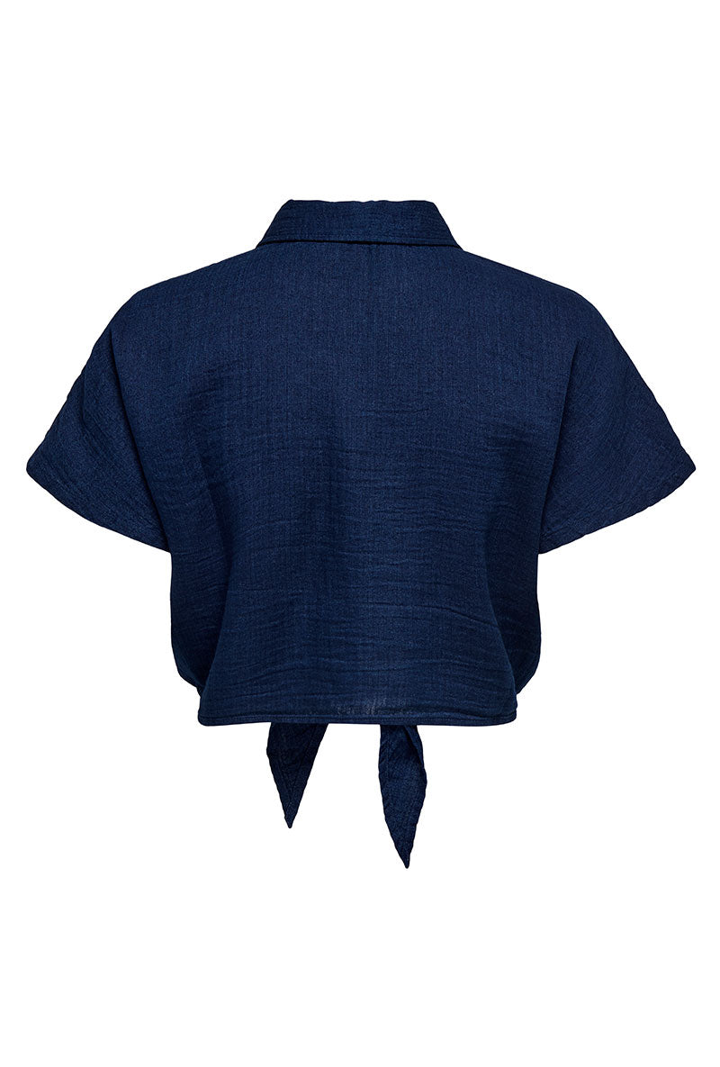 Back image of Leoni seersucker cap knot shirt in navy, by brand Only