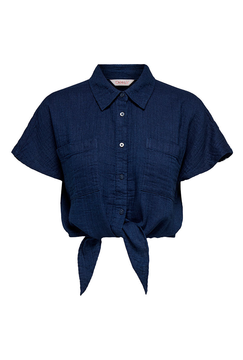 Front image of Leoni seersucker cap knot shirt in navy, by brand Only
