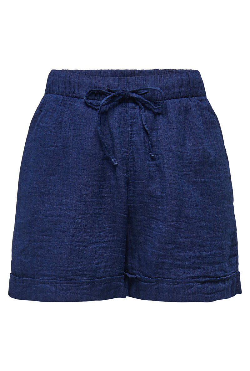 Front image of Leoni seersucker pull up shorts in navy, by brand Only