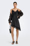 Front image of a model wearing the Lindona strap satin lace dress in black, by brand Only