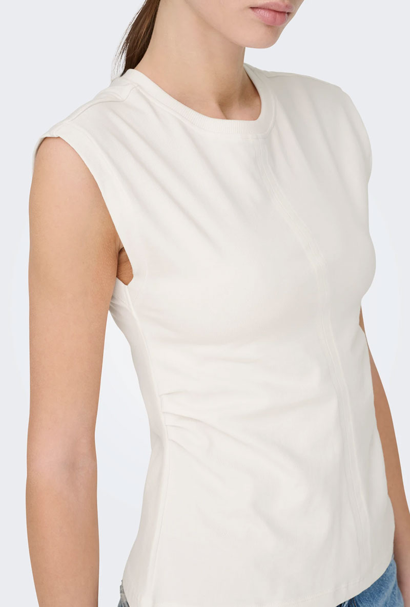 Detail image of a model wearing Marie s/l ruching top in off white, by brand Only