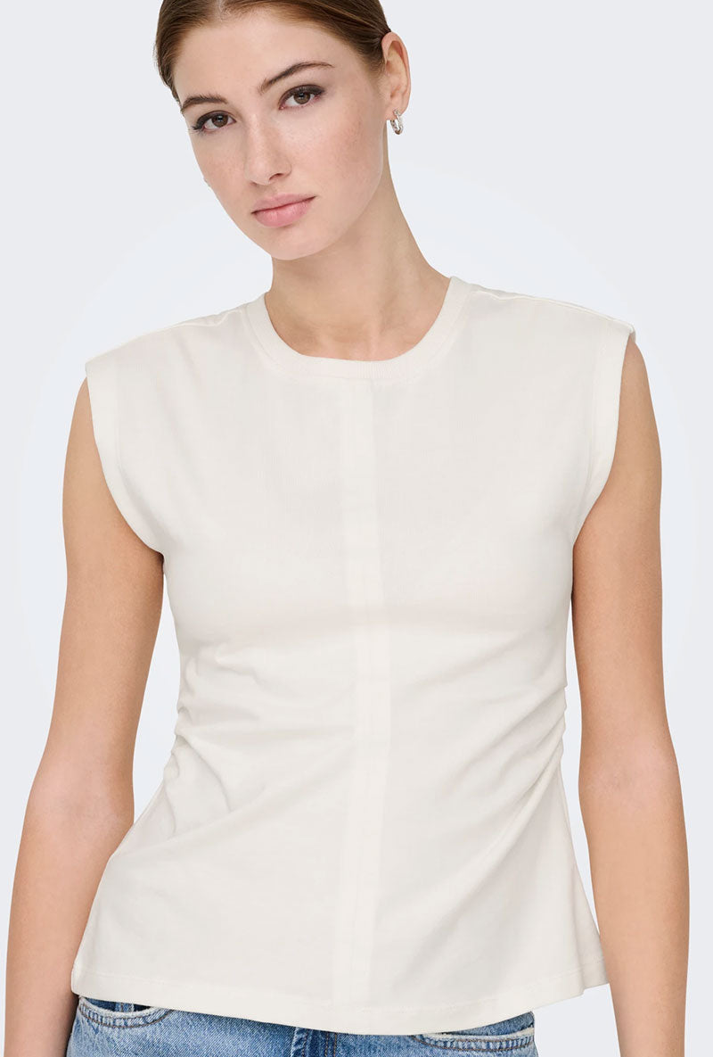 Front image of a model wearing Marie s/l ruching top in off white, by brand Only