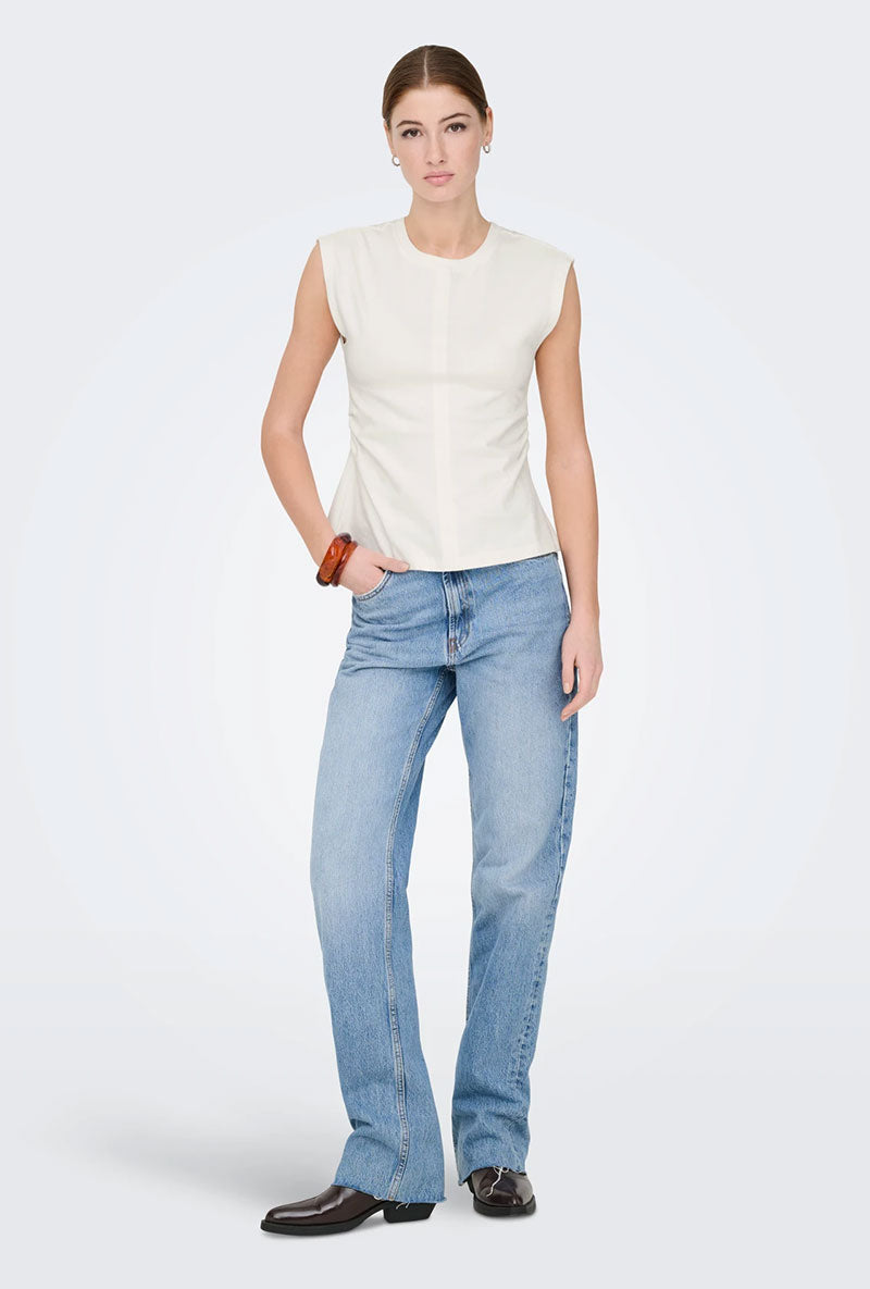 Front image of a model wearing Marie s/l ruching top in off white, by brand Only