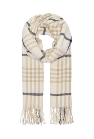 Front image of the Mathilde check fringe scarf in grey, by brand Only