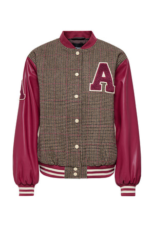 Front image of the Moreno bomber jacket in burgundy, by brand Only