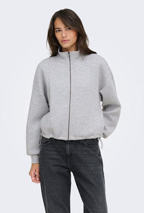 Front image of a model wearing the Nadja ls zip sweat in grey, by brand Only