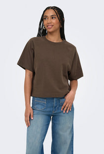Front image of a model wearing the Ofelia ss raglan sweatshirt in brown, by brand Only