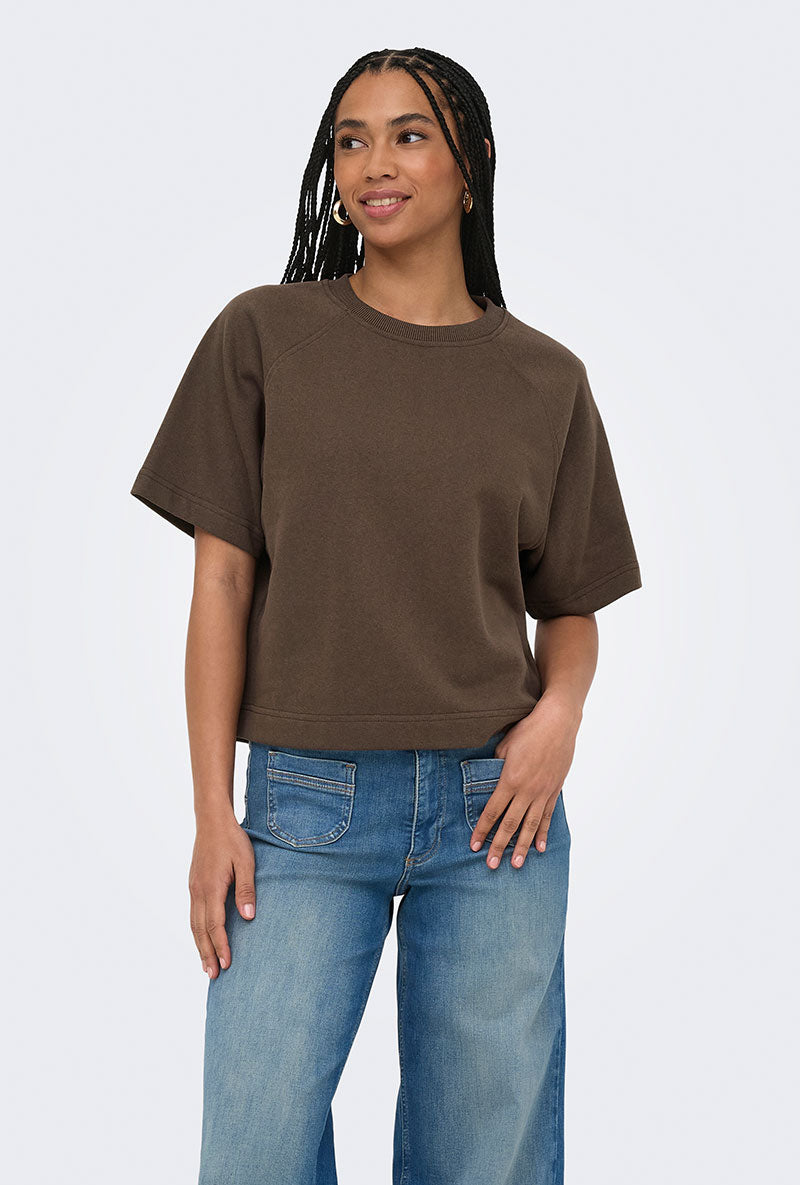 Front image of a model wearing Ofelia ss raglan sweatshirt in brown, by brand Only