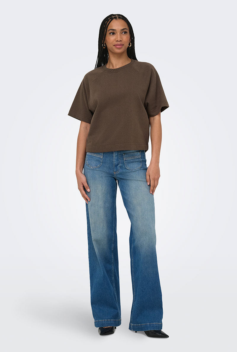 Front image of a model wearing Ofelia ss raglan sweatshirt in brown, by brand Only