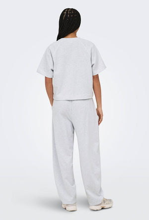 Back image of a model wearing the Ofelia ss raglan sweatshirt in light grey, by brand Only