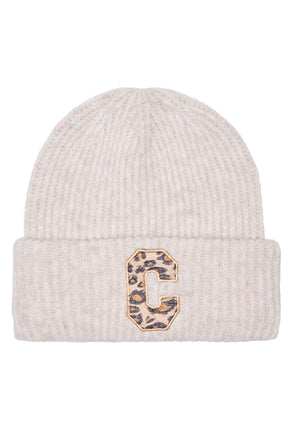 Front image of Sara knit letter beanie in beige, by brand Only