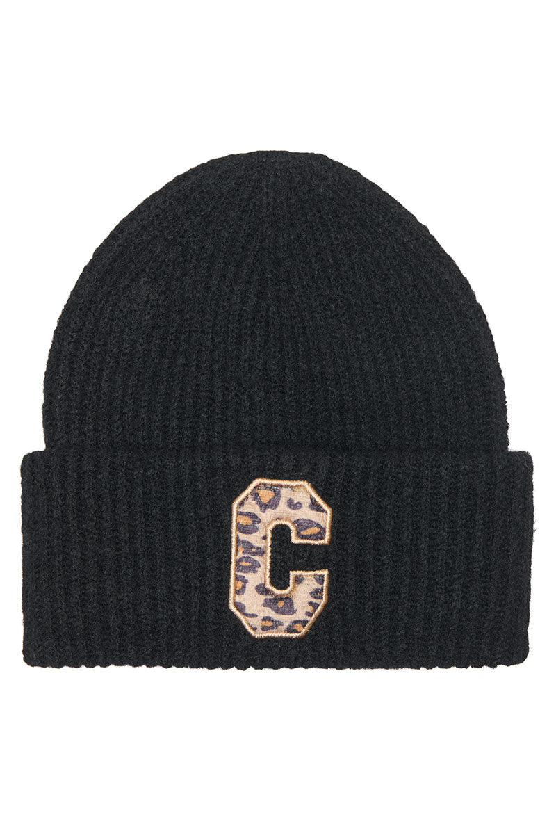 Front image of Sara knit letter beanie in black, by brand Only