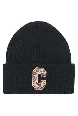 Front image of the Sara knit letter beanie in black, by brand Only