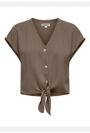 Front image of Siesta ss knot linen shirt in brown, by brand Only