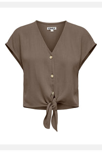 Front image of the Siesta ss knot linen shirt in brown, by brand Only