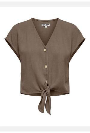 Front image of the Siesta ss knot linen shirt in brown, by brand Only